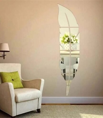 "3D Silver Acrylic Leaf Mirror | Feather-Shaped Wall Decor | Elegant Wall Mirror"