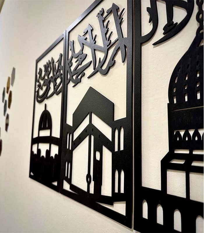 "Three Frames Kalma Islamic Wooden Art – Elegant Spiritual Decor"